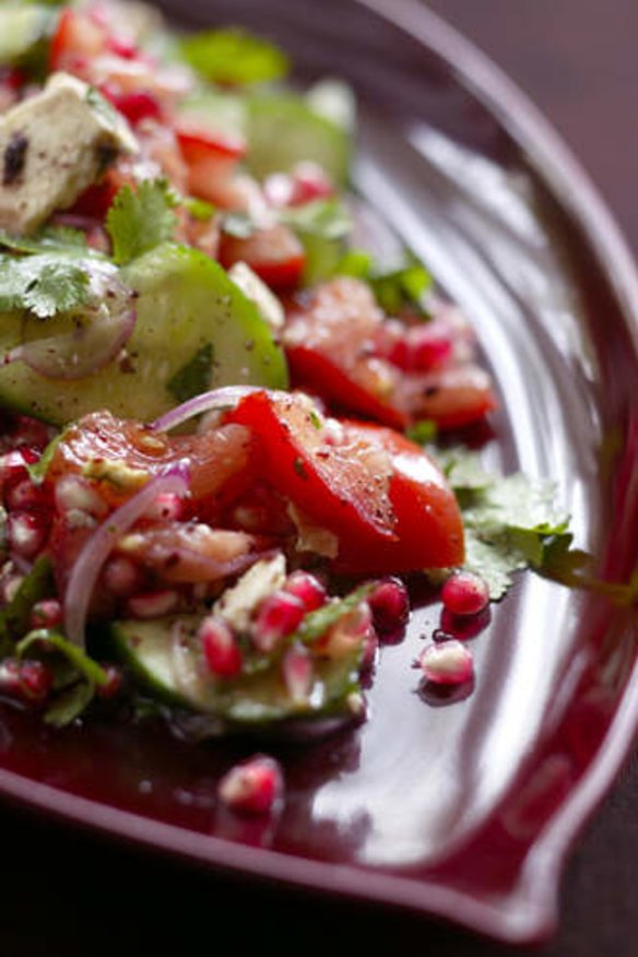 Pomegranate, feta, cucumber and mint salad.