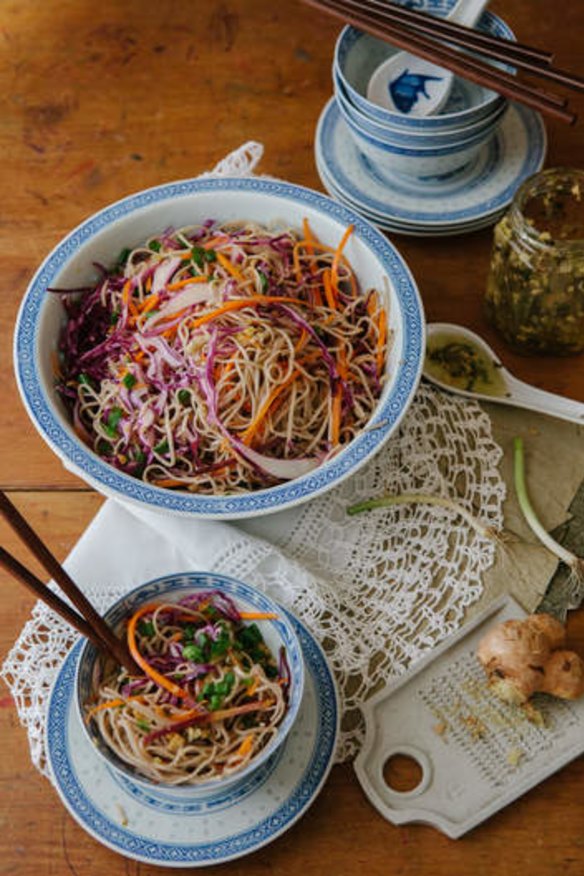 Nutritious and delicious: Soba noodles with shredded vegetables.