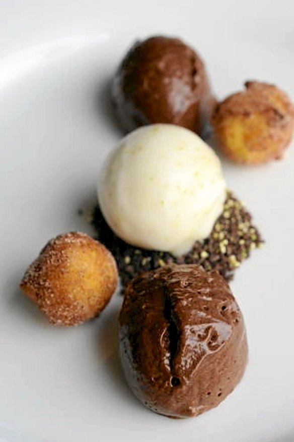 Dark chocolate mousse with pear sorbet and ricotta doughnut.