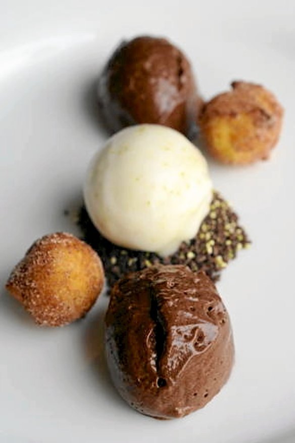 Dark chocolate mousse with pear sorbet and ricotta doughnut.