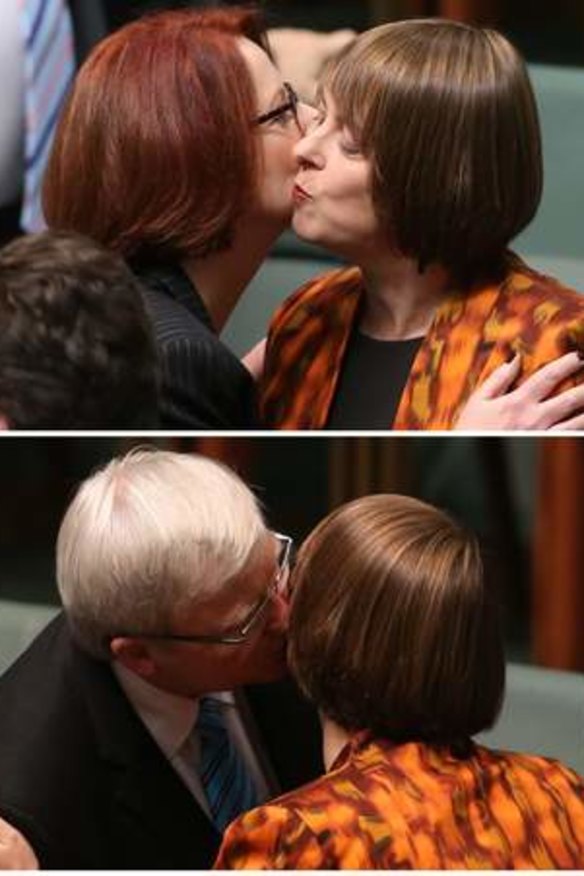 Julia Gillard and Kevin Rudd embrace Nicola Roxon.