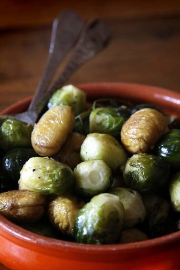Oven-roasted brussels sprouts with chestnuts.