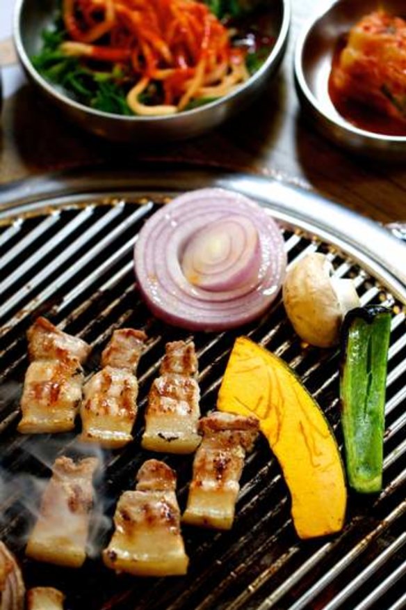 Ohgyeopsal - grilled pork belly - at  678 in Pitt Street.