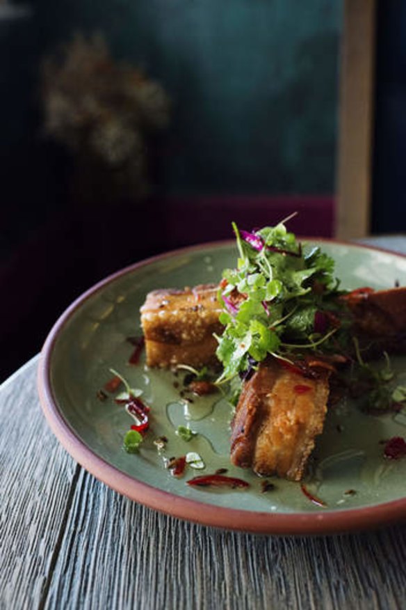 Pork belly with sticky sweet chili and fennel seed sauce.