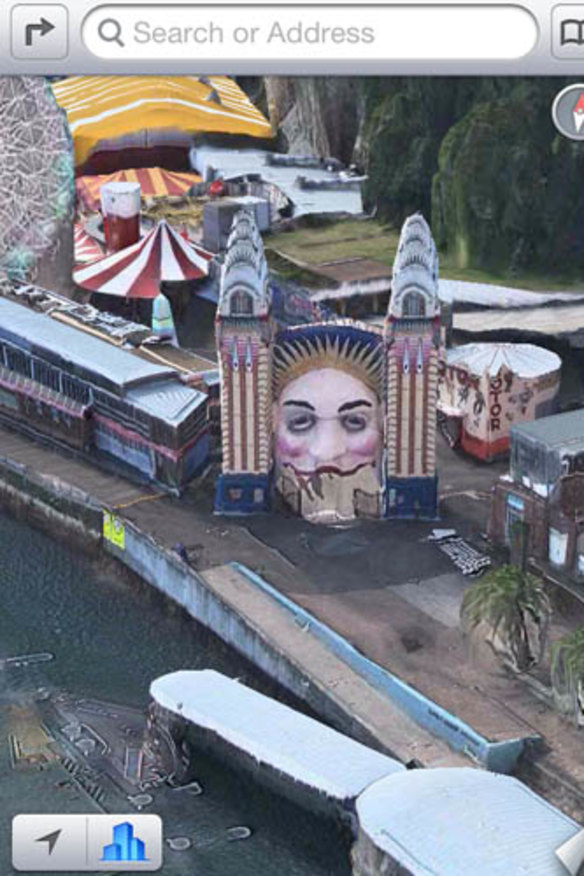 Luna Park Sydney and a nearby wharf as seen on Apple Maps.