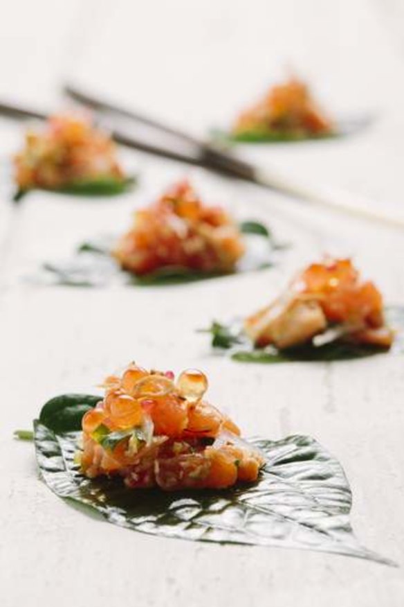 Salmon betel leaf canapes