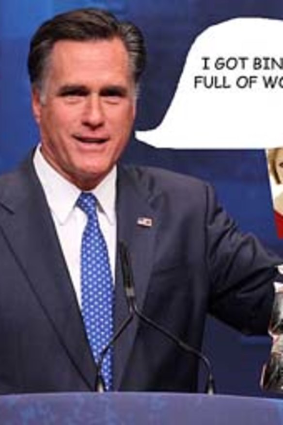 A web mock-up shows Mitt Romney and a stack of binders next to photos of Taylor Swift, Paris Hilton and Kim Kardashian.