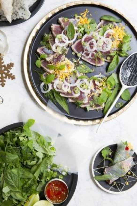 Seared tuna jungle salad with watercress, basil seeds and egg.