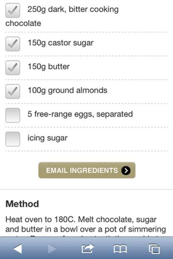 Find a recipe then tick the ingredients you need and email them to yourself.