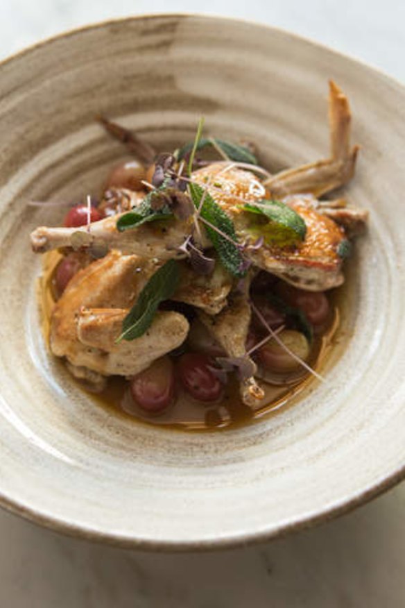 Seared quail tossed with plump red grapes.