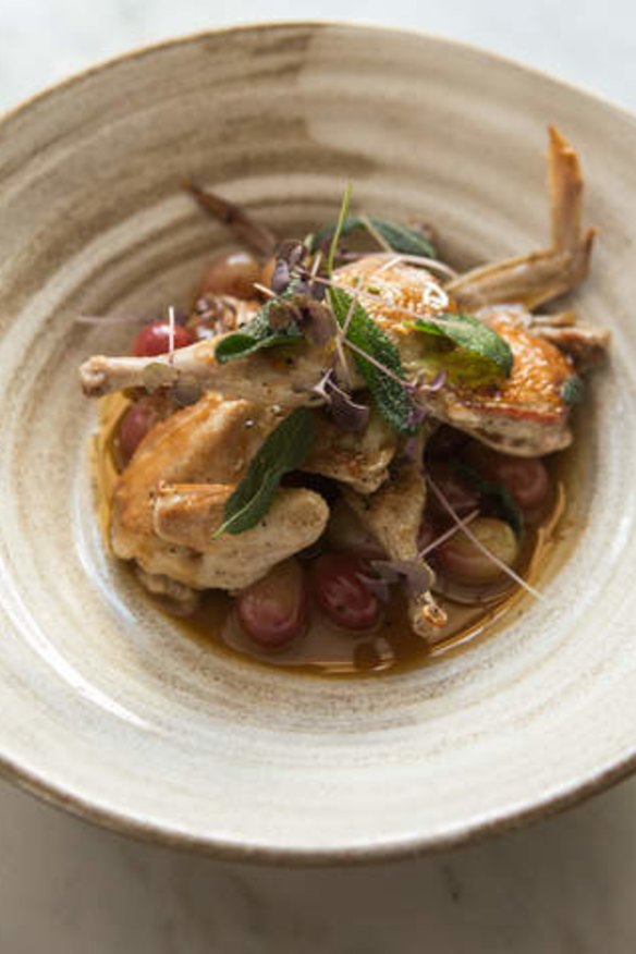 Seared quail tossed with plump red grapes.