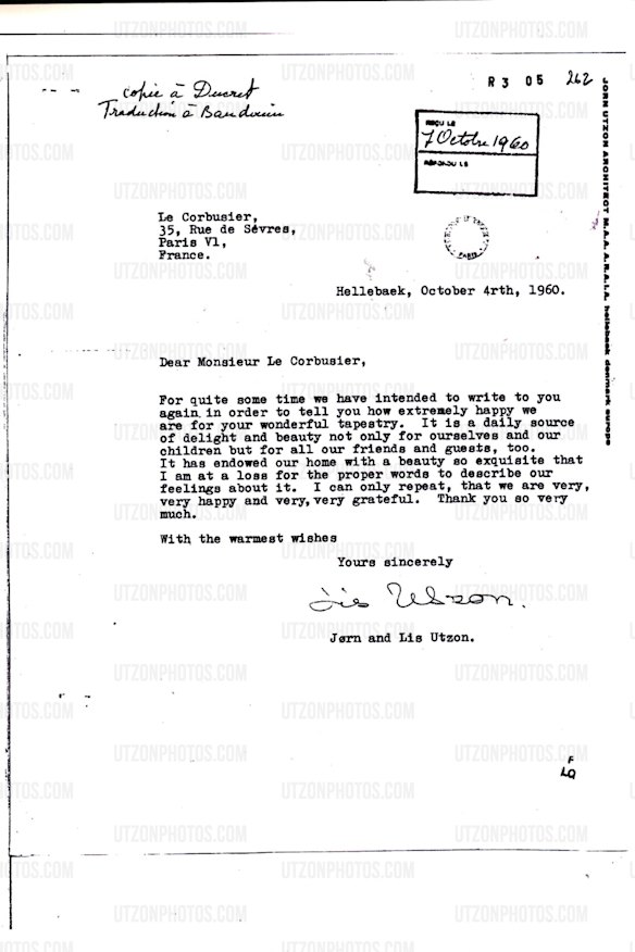 A 1960 letter from Utzon to Le Corbusier in which he describes the tapestry as a 'daily source of delight and beauty'. 