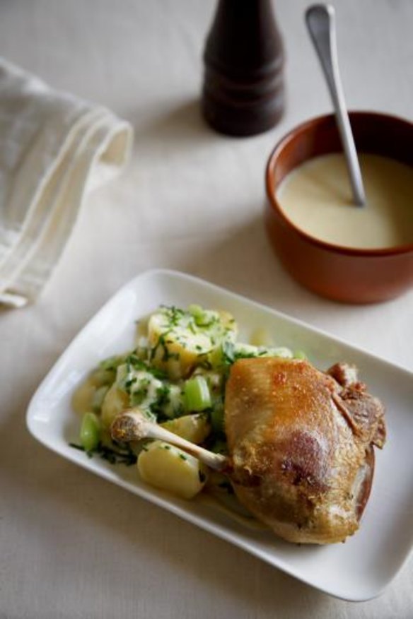 Perfect pairing: Potato, cucumber and celery salad with confit duck leg.