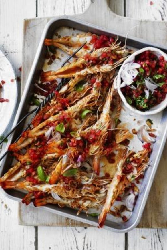 Char-grilled whole prawns with watermelon and basil dressing.