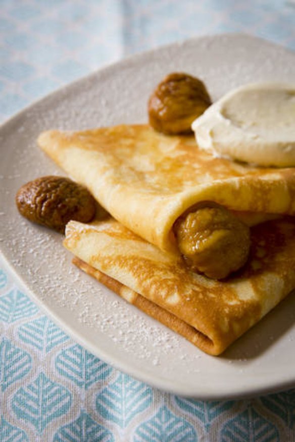 Drizzle chestnut syrup over the crepes and serve with a dollop of orange cream.