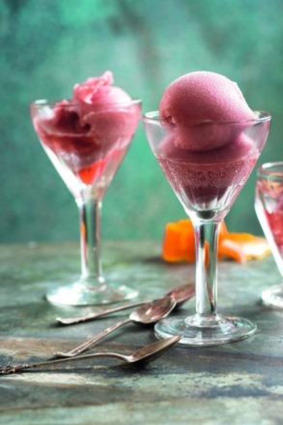 Negroni sorbet with blood orange and pomegranate.