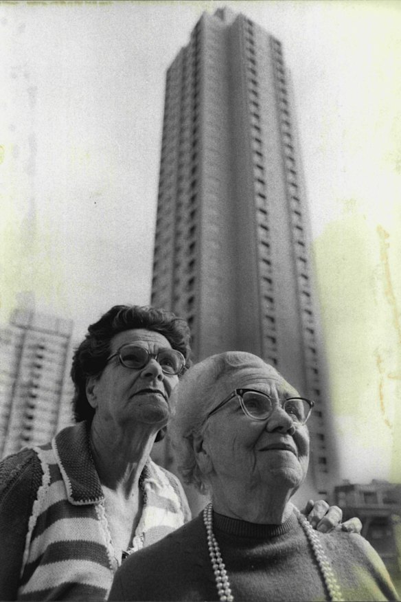 Mrs. Violet Duignan and Mrs. Susie Warden, both of Redfern, at a preview of the of the towers.