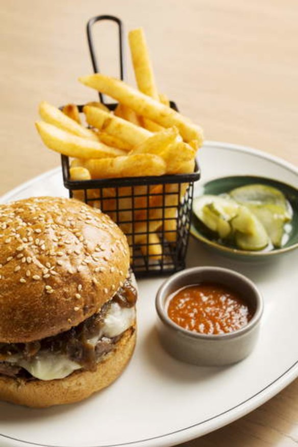 Eight-week, dry-aged beef burger with fontina.