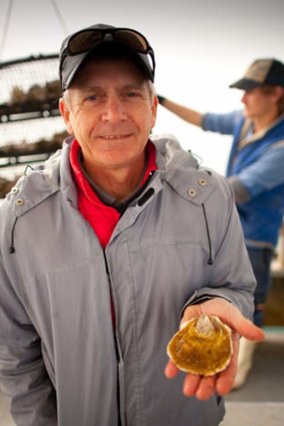 Lance Wiffin with one of his farmed native oysters.