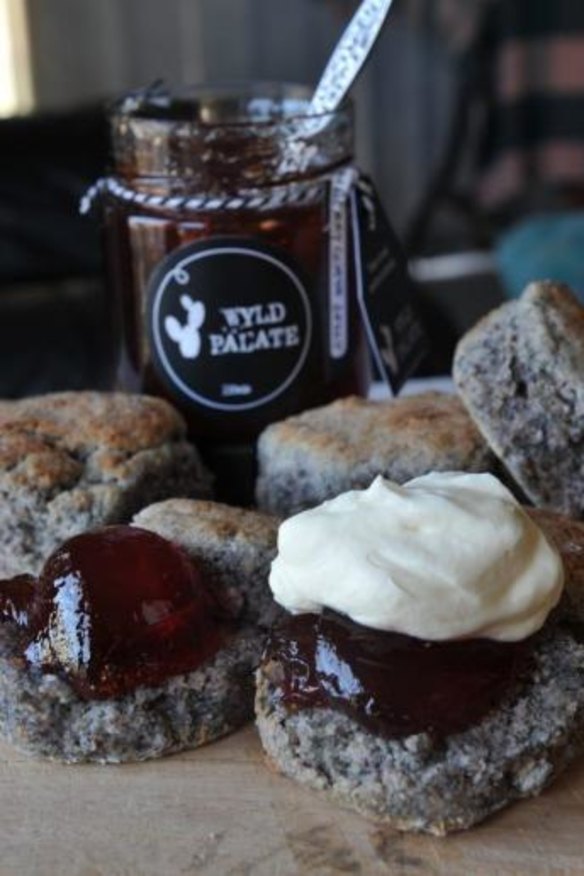Blue-corn scones, topped with Wyld Palate guava jelly and cream.
