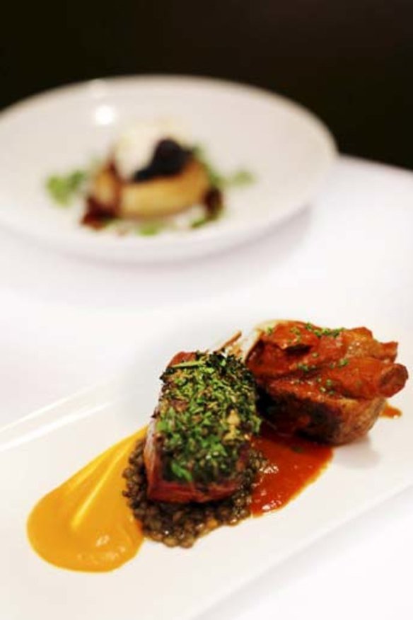 Recommended ... Herb-crusted lamb rack with tomato- braised lamb shank served in a potato cup.
