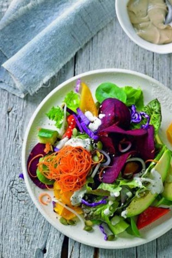 Over the Rainbow Salad with Tahini and Lemon Dressing