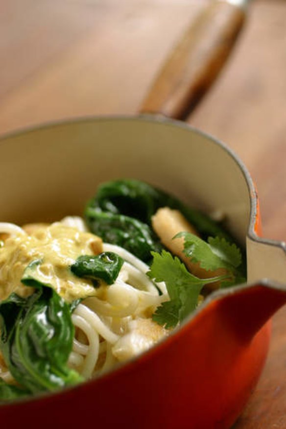 Tony Chiodo's one-pot  laksa with noodles and  Chinese greens.