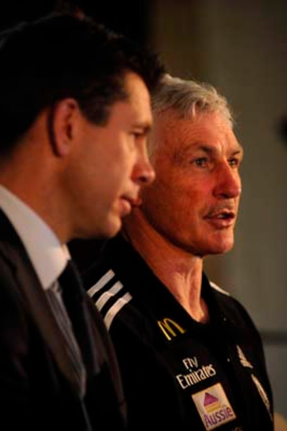 Brett Ratten and Mick Malthouse at a  press conference ahead of a 2010 clash between Carlton and Collingwood.