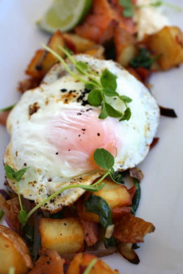 Potato hash and smoked salmon.