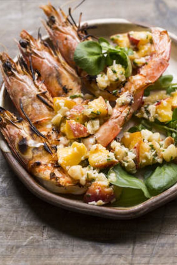 Grilled prawns with macadamia, lime and peach.
