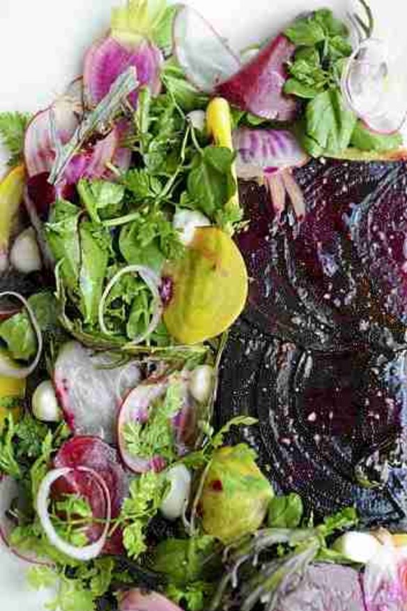 Beetroot tart tatin with goat's curd and pickled-beets salad.