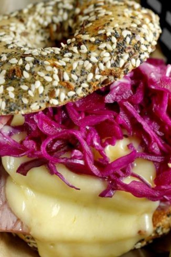 Yum appeal: Corned beef and red cabbage in a poppy seed bagel.