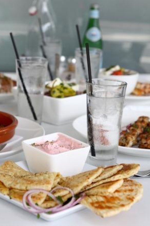 Pita bread and dips at the Little Greek Taverna.
