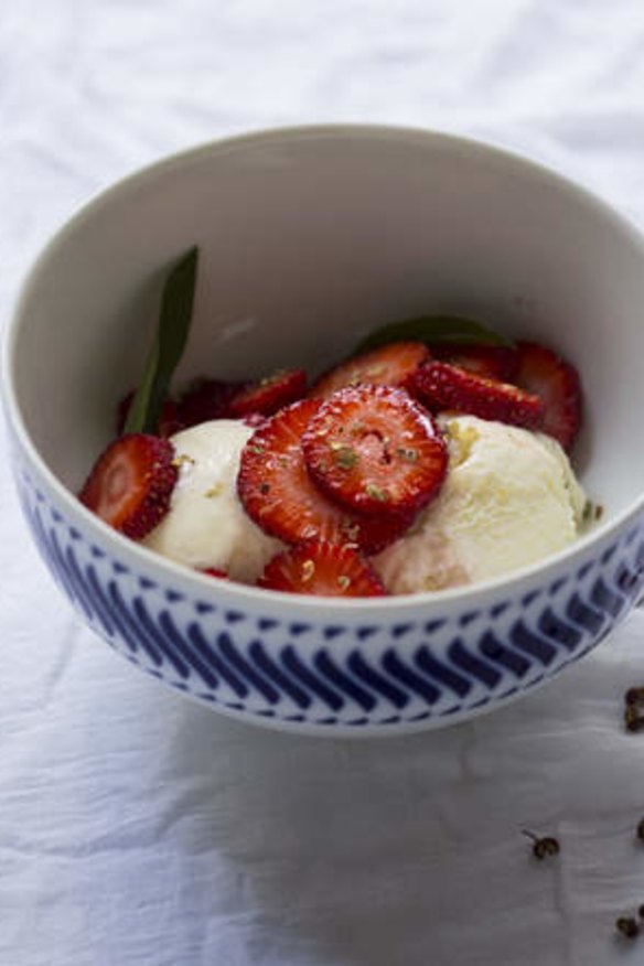 Lemon verbena ice cream with strawberries and Szechuan pepper.