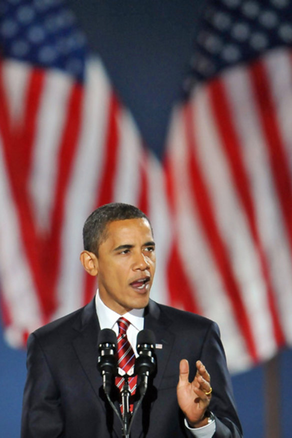 President-elect Barack Obama addresses supporters on election night at Grant Park in Chicago.