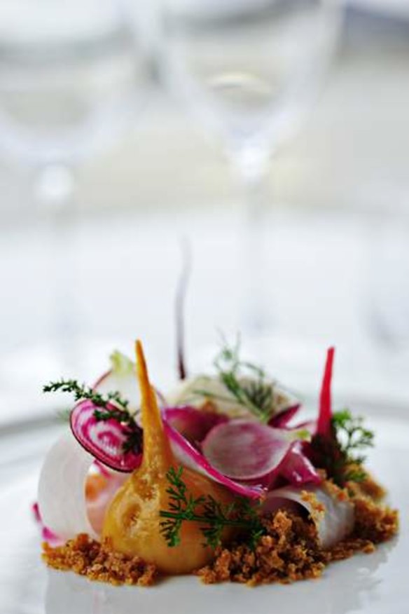 Kingfish prosciutto, pickled beetroot and radish salad, with horseradish cream at Waters Edge.