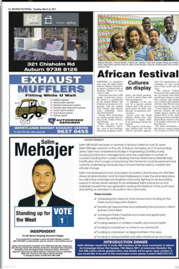 Making a case: Salim Mehajer is featured in advertisements in the <i>Auburn Review.</i>