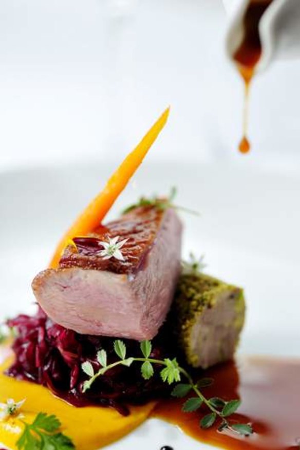 Grimaud duck a l'orange, pickled red cabbage, liquorice gel and pistachio at Waters Edge.