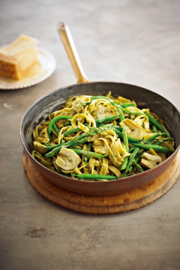 Seasonal pasta with artichoke and asparagus.