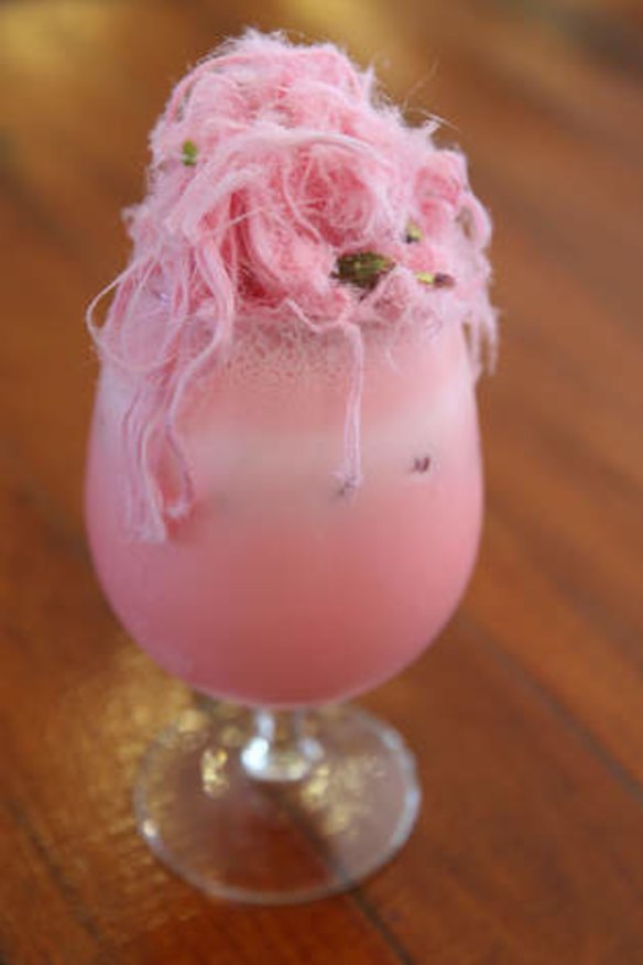 Rosewater milkshake topped with Persian fairy floss.