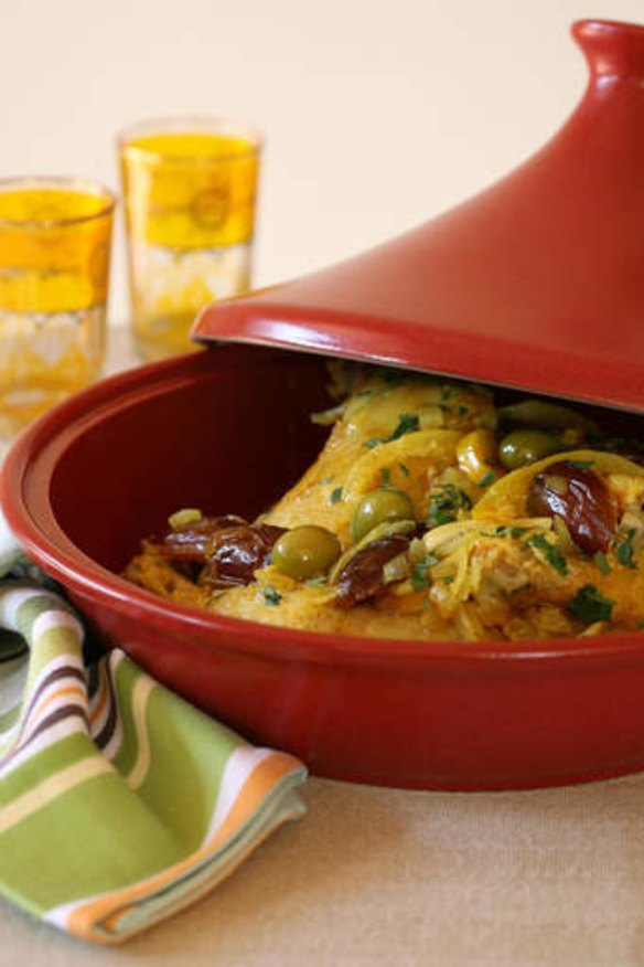 This colourful chicken tagine features green olives.