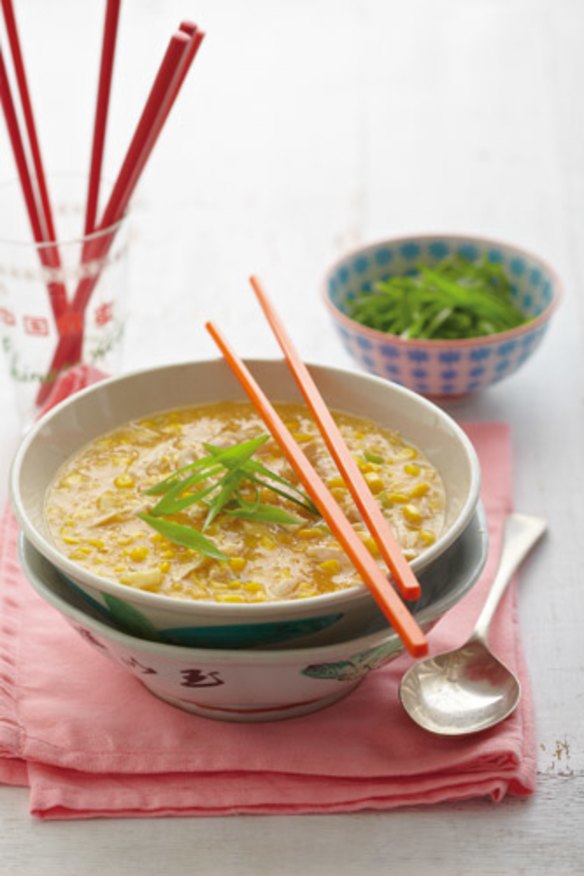 Begin a banquet with a bowl of chicken and corn soup.