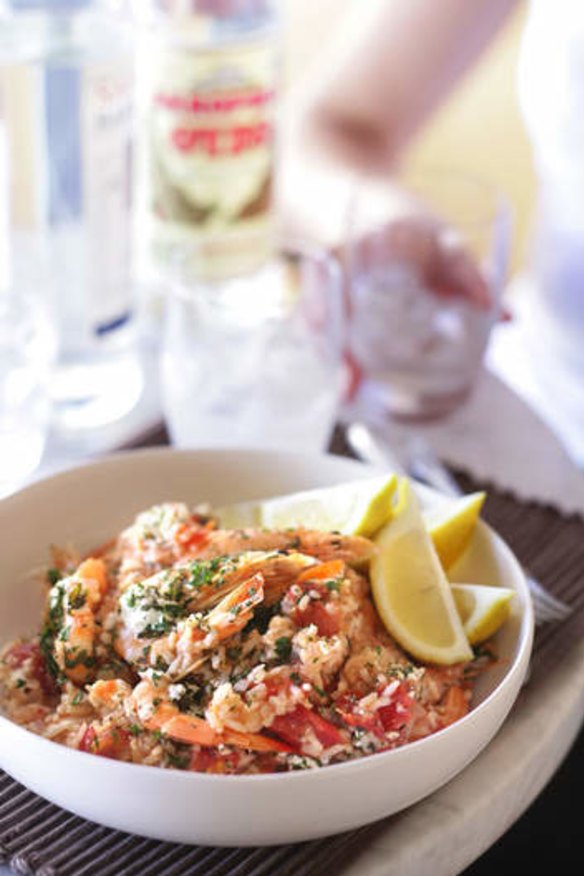 Prawn pilaf with feta, oregano and lemon.