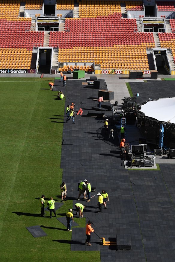 Constrution under way for the ring in the heart of league territory at Suncorp Stadium.