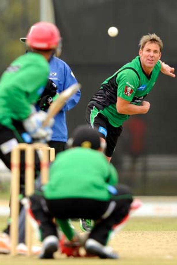 Still got it ... Shane Warne lets one rip during practice for the Melbourne Stars this week.