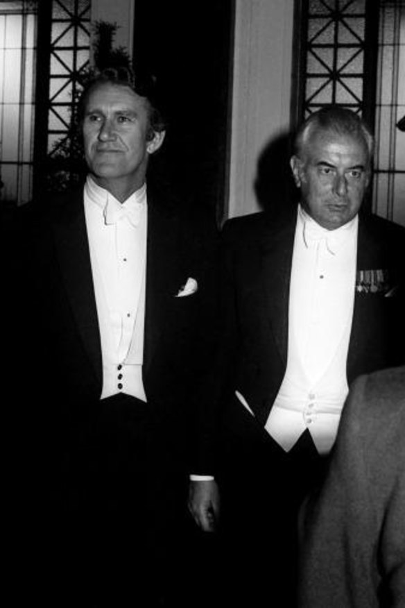 Malcolm Fraser and Gough Whitlam at the lord mayor's dinner in Melbourne, 1975.
