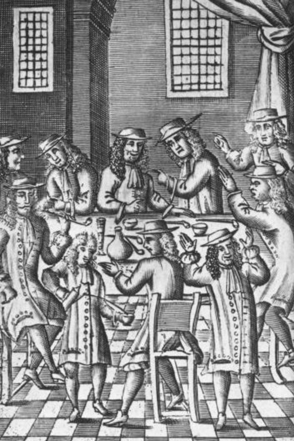 1688, Heated debate in a coffee house on Bride Lane, Fleet Street in London. (Photo by Hulton Archive/Getty Images)