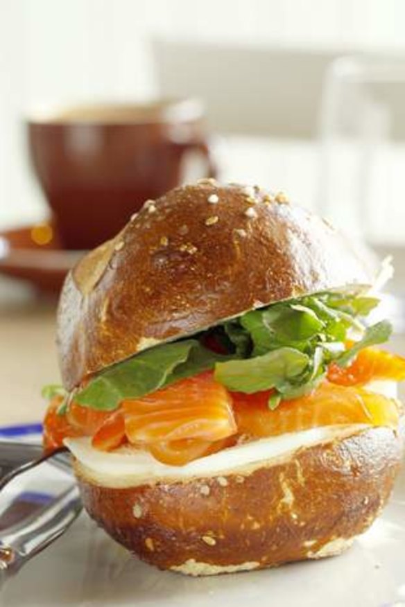 Pretzel roll with smoked trout, watercress and hard-boiled egg at Rushcutters.