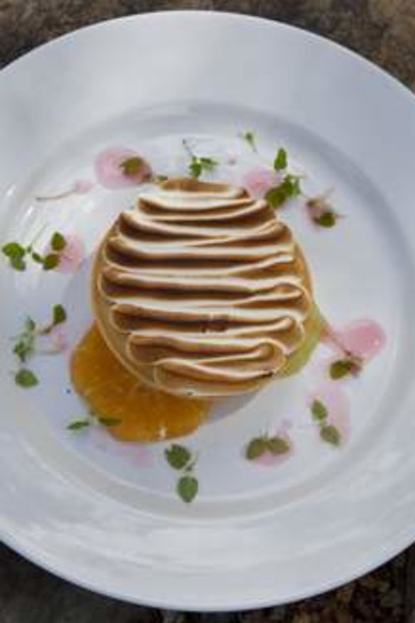 Baked lemon tart served with toasted italian meringue, creme fraiche and citrus salad.