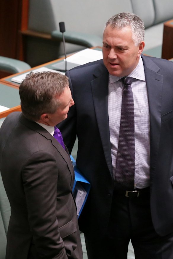 Shadow Treasurer Chris Bowen and Treasurer Joe Hockey ahead of Question Time at Parliament House in Canberra on Monday 16 March 2015. Photo: Alex Ellinghausen
